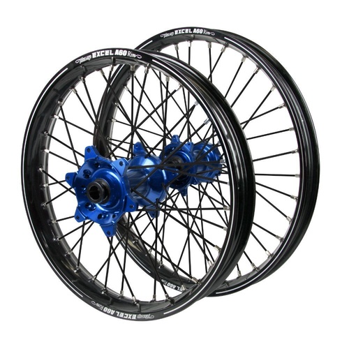 Yamaha Haan Blue Hubs / A60 Black Rims / Black Nipples / Silver Spokes Wheel Set