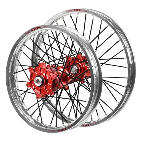 Honda Haan Cush Drive Red Hubs / Excel Silver Rims / Black Spokes Wheel Set