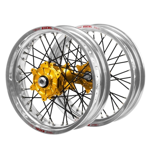 Honda Haan Cush Drive Gold Hubs / Excel Silver Rims Supermoto / Black Spokes Wheel Set