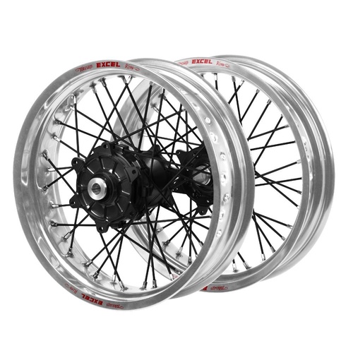 Honda Haan Cush Drive Black Hubs / Excel Silver Rims Supermoto / Black Spokes Wheel Set