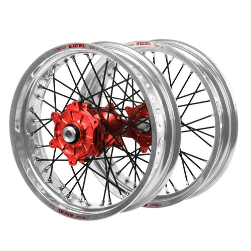 Honda Haan Cush Drive Red Hubs / Excel Silver Rims Supermoto / Black Spokes Wheel Set