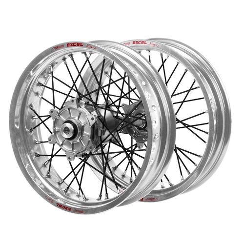 Honda Haan Cush Drive Silver Hubs / Excel Silver Rims Supermoto / Black Spokes Wheel Set