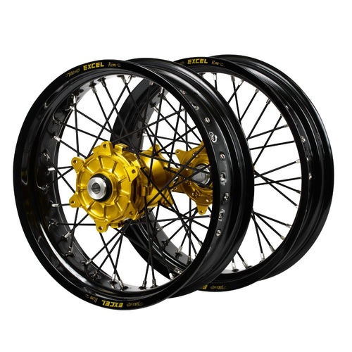 Honda Haan Cush Drive Gold Hubs / Excel Black Rims Supermoto / Black Spokes Wheel Set