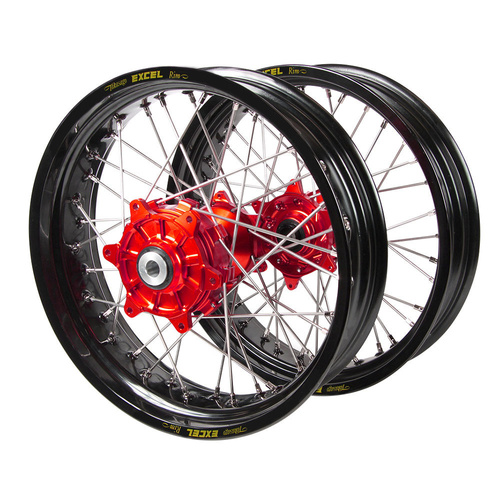 Honda Haan Cush Drive Red Hubs / Excel Black Rims Supermoto Wheel Set