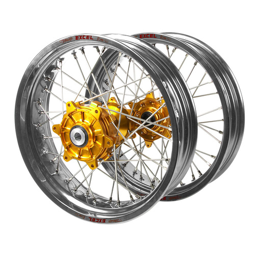Honda Haan Cush Drive Gold Hubs / Excel Silver Rims Supermoto Wheel Set