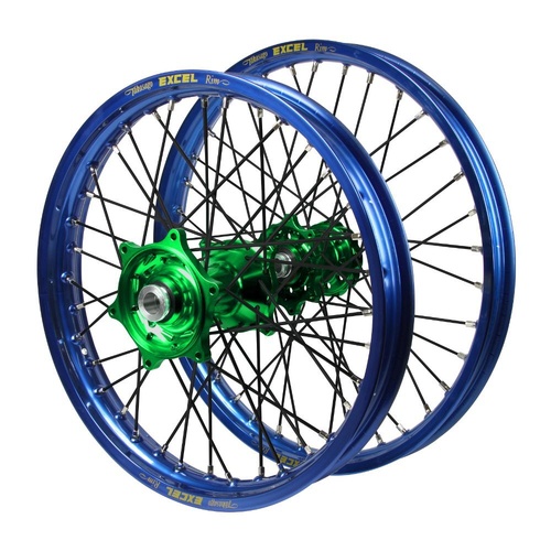 Kawasaki Haan Green Hubs / Excel Blue Rims / Black Spokes Wheel Set