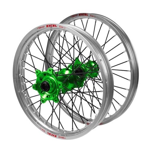 Kawasaki Haan Green Hubs / Excel Silver Rims / Black Spokes Wheel Set