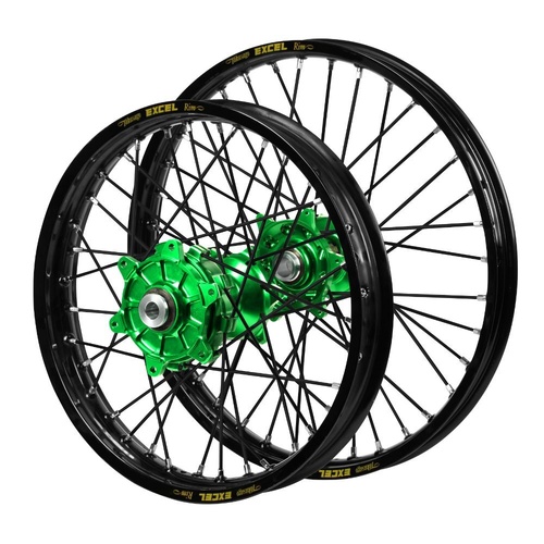 Kawasaki Haan Cush Drive Green Hubs / Excel Black Rims / Black Spokes Wheel Set