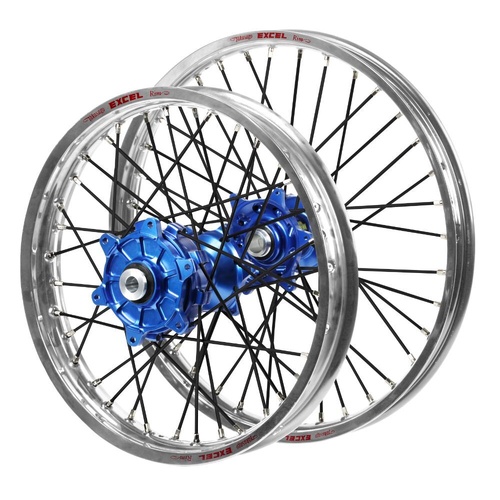 Kawasaki Haan Cush Drive Blue Hubs / Excel Silver Rims / Black Spokes Wheel Set