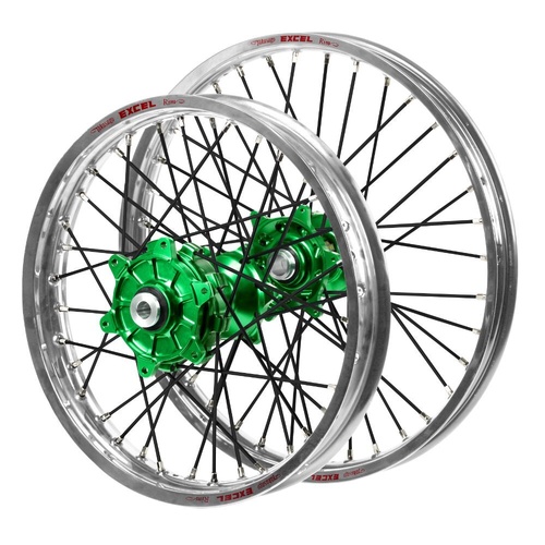 Kawasaki Haan Cush Drive Green Hubs / Excel Silver Rims / Black Spokes Wheel Set