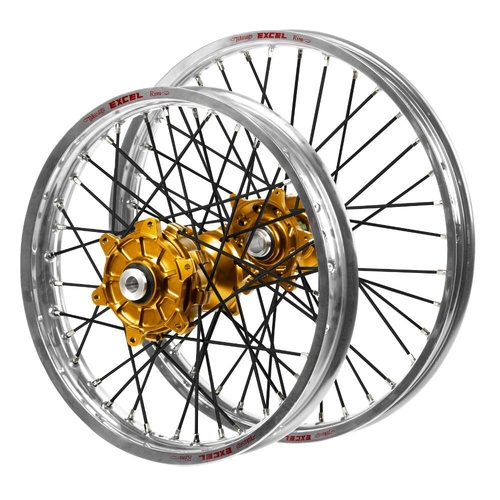 Kawasaki Haan Cush Drive Gold Hubs / Excel Silver Rims / Black Spokes Wheel Set