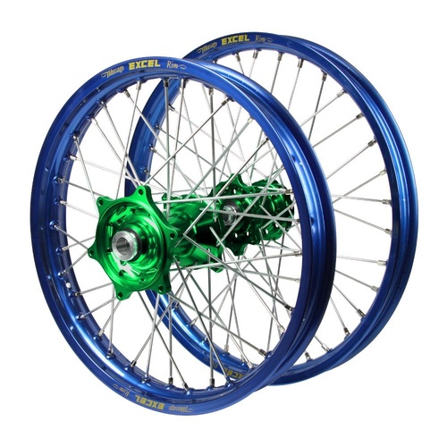 Kawasaki Haan Green Hubs / Excel Blue Rims Wheel Set