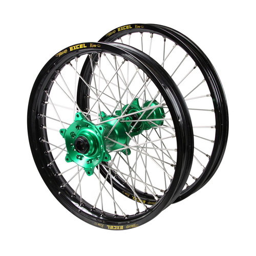 Kawasaki Haan Green Hubs / Excel Black Rims Wheel Set