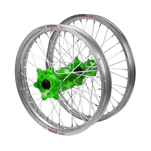 Kawasaki Haan Green Hubs / Excel Silver Rims Wheel Set