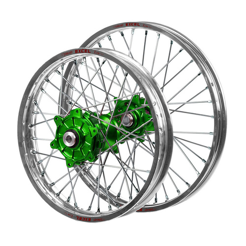 Kawasaki Haan Cush Drive Green Hubs / Excel Silver Rims Wheel Set