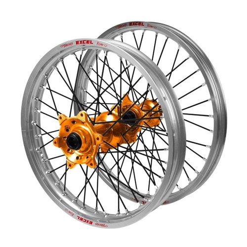 Husqvarna Haan Orange Hubs / Excel Silver Rims / Black Spokes Wheel Set