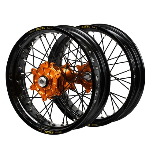 Gas Gas Haan Cush Drive Orange Hubs / Excel Black Rims Supermoto / Black Spokes Wheel Set