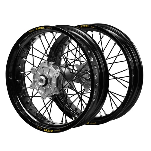 Gas Gas Haan Cush Drive Silver Hubs / Excel Black Rims Supermoto / Black Spokes Wheel Set