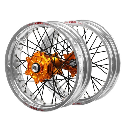 Gas Gas Haan Cush Drive Orange Hubs / Excel Silver Rims Supermoto / Black Spokes Wheel Set