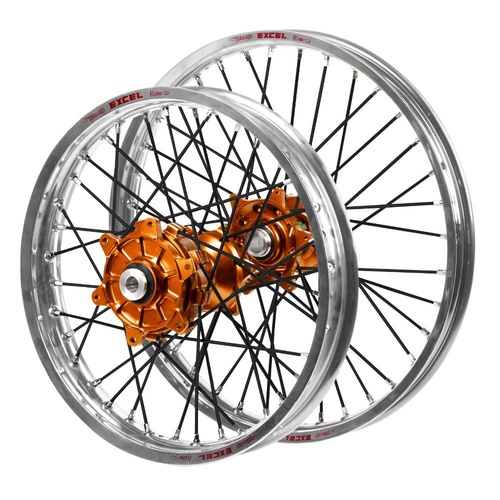 KTM Haan Cush Drive Orange Hubs / Excel Silver Rims / Black Spokes Wheel Set