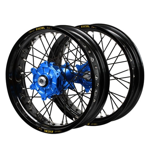 Husqvarna Haan Cush Drive Blue Hubs / Excel Black Rims Supermoto / Black Spokes Wheel Set