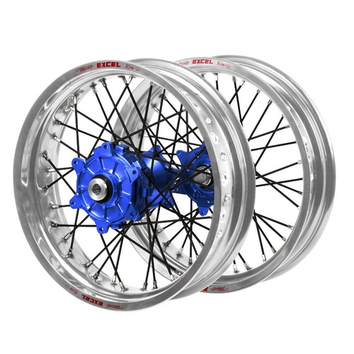 Husqvarna Haan Cush Drive Blue Hubs / Excel Silver Rims Supermoto / Black Spokes Wheel Set