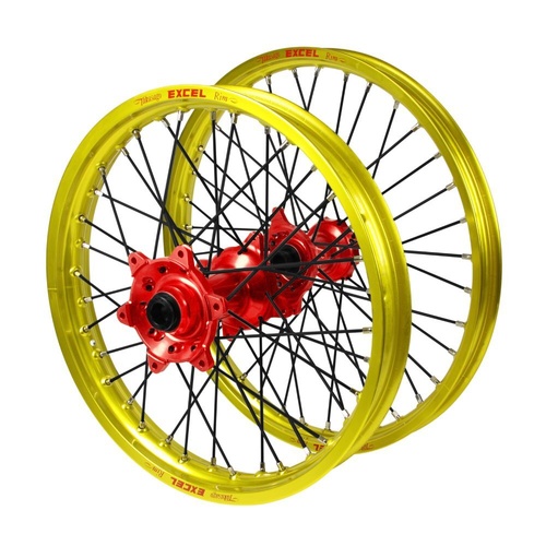 Suzuki Haan Red Hubs / Excel Yellow Rims / Black Spokes Wheel Set