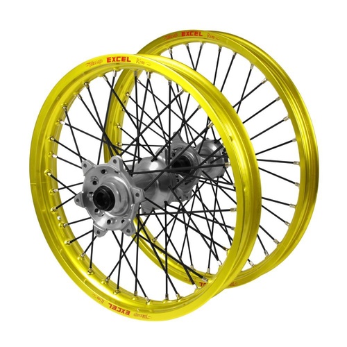 Suzuki Haan Silver Hubs / Excel Yellow Rims / Black Spokes Wheel Set