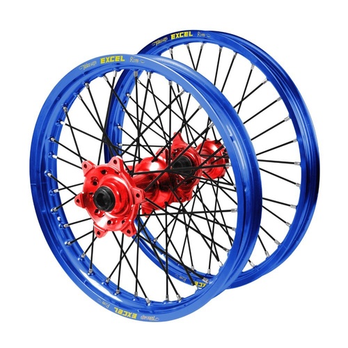 Yamaha Haan Red Hubs / Excel Blue Rims / Black Spokes Wheel Set