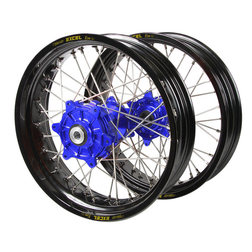Fantic Haan Cush Drive Blue Hubs / Excel Black Rims Supermoto Wheel Set