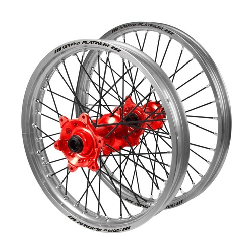 Honda Haan Red Hubs / SM Pro Platinum Silver Rims / Black Spokes Wheel Set