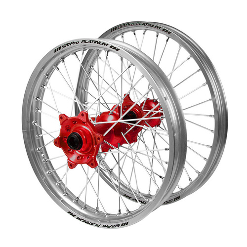 Honda Haan Red Hubs / SM Pro Platinum Silver Rims Wheel Set