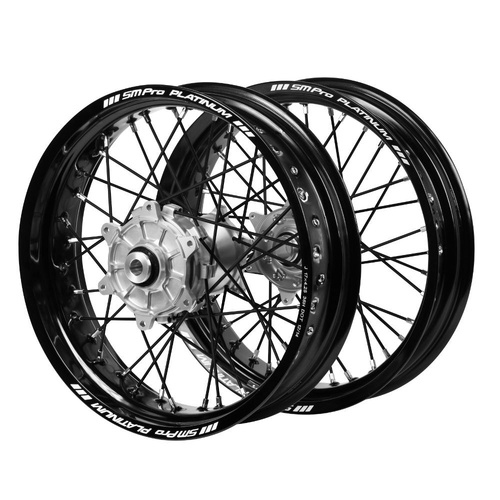 Honda Haan Cush Drive Silver Hubs / SM Pro Platinum Black Rims Supermotard / Black Spokes Wheel Set