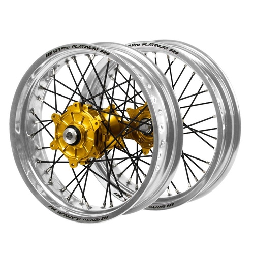 Honda Haan Cush Drive Gold Hubs / SM Pro Platinum Silver Rims Supermotard / Black Spokes Wheel Set