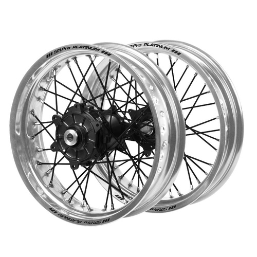 Honda Haan Cush Drive Black Hubs / SM Pro Platinum Silver Rims Supermotard / Black Spokes Wheel Set