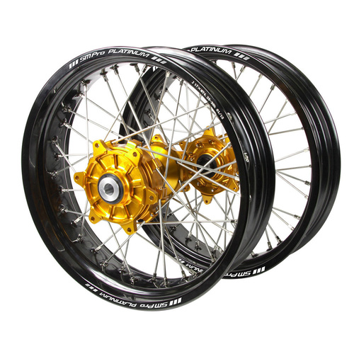Honda Haan Cush Drive Gold Hubs / SM Pro Platinum Black Rims Supermotard Wheel Set