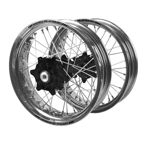 Honda Haan Cush Drive Black Hubs / SM Pro Platinum Silver Rims Supermotard Wheel Set