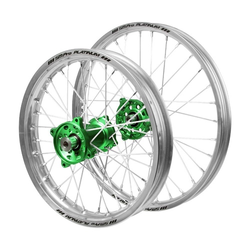 Kawasaki Haan Green Hubs / SM Pro Platinum Junior Silver Rims Wheel Set