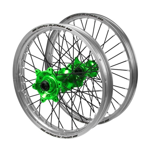 Kawasaki Haan Green Hubs / SM Pro Platinum Silver Rims / Black Spokes Wheel Set