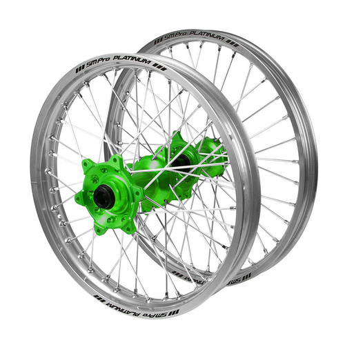 Kawasaki Haan Green Hubs / SM Pro Platinum Silver Rims Wheel Set