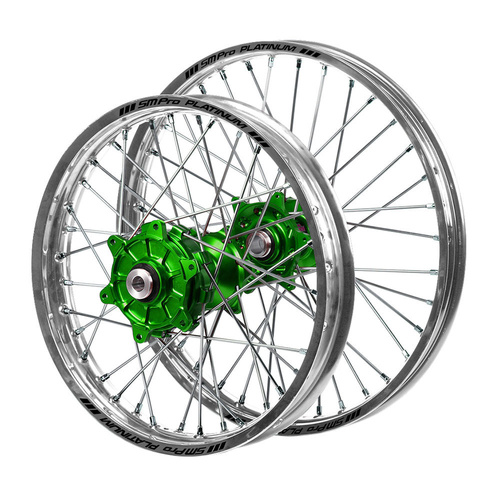 Kawasaki Haan Cush Drive Green Hubs / SM Pro Platinum Silver Rims Wheel Set