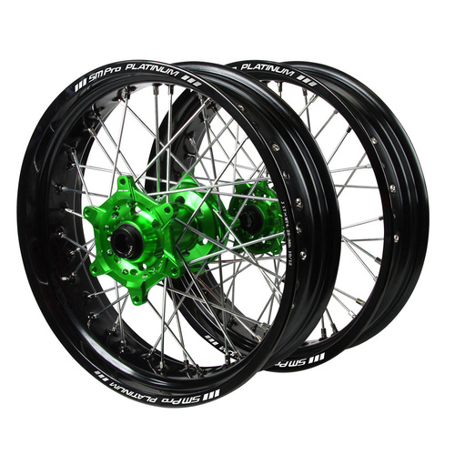 Kawasaki Haan Green Hubs / SM Pro Platinum Black Rims Supermotard Wheel Set