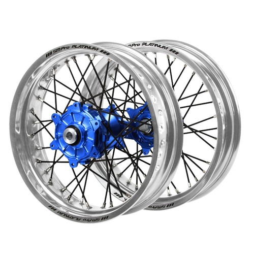 Husaberg Haan Cush Drive Blue Hubs / SM Pro Platinum Silver Rims Supermotard / Black Spokes Wheel Set