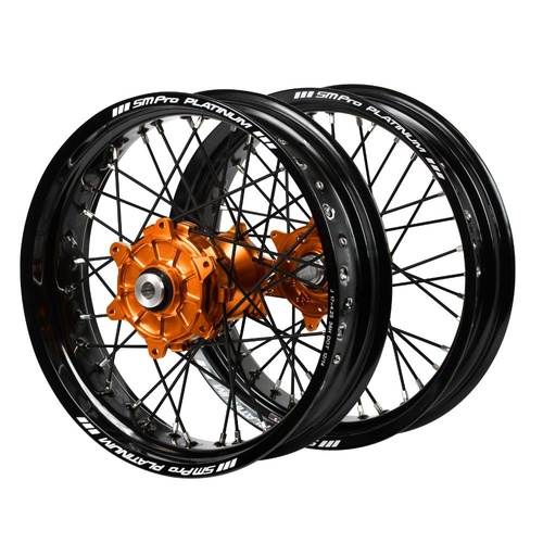 Gas Gas Haan Cush Drive Orange Hubs / SM Pro Platinum Black Rims Supermotard / Black Spokes Wheel Set
