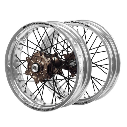 Gas Gas Haan Cush Drive Magnesium Hubs / SM Pro Platinum Silver Rims Supermotard / Black Spokes Wheel Set