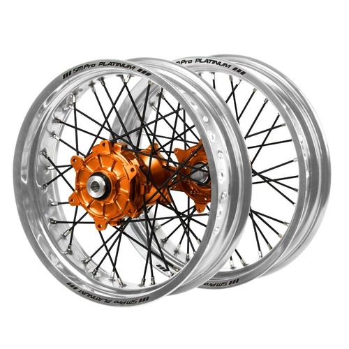 Gas Gas Haan Cush Drive Orange Hubs / SM Pro Platinum Silver Rims Supermotard / Black Spokes Wheel Set