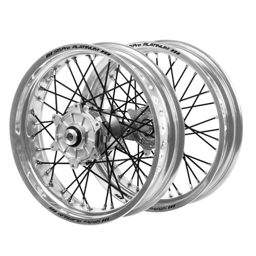 Gas Gas Haan Cush Drive Silver Hubs / SM Pro Platinum Silver Rims Supermotard / Black Spokes Wheel Set