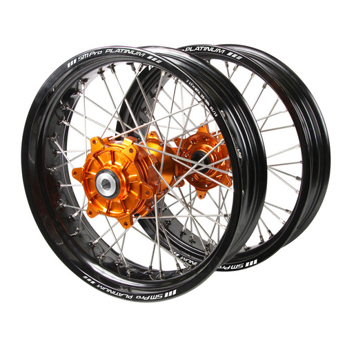 Gas Gas Haan Cush Drive Orange Hubs / SM Pro Platinum Black Rims Supermotard Wheel Set