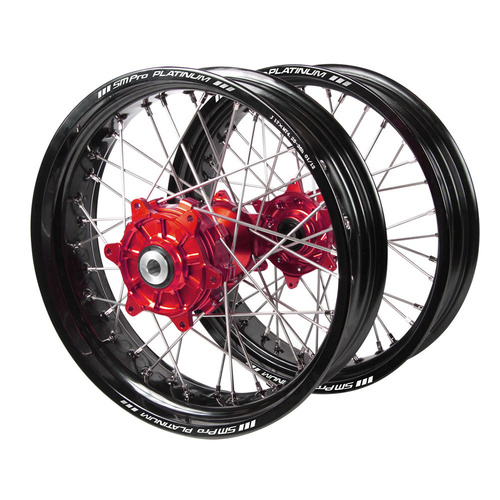 Gas Gas Haan Cush Drive Red Hubs / SM Pro Platinum Black Rims Supermotard Wheel Set