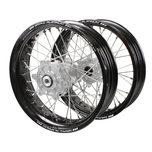Gas Gas Haan Cush Drive Silver Hubs / SM Pro Platinum Black Rims Supermotard Wheel Set